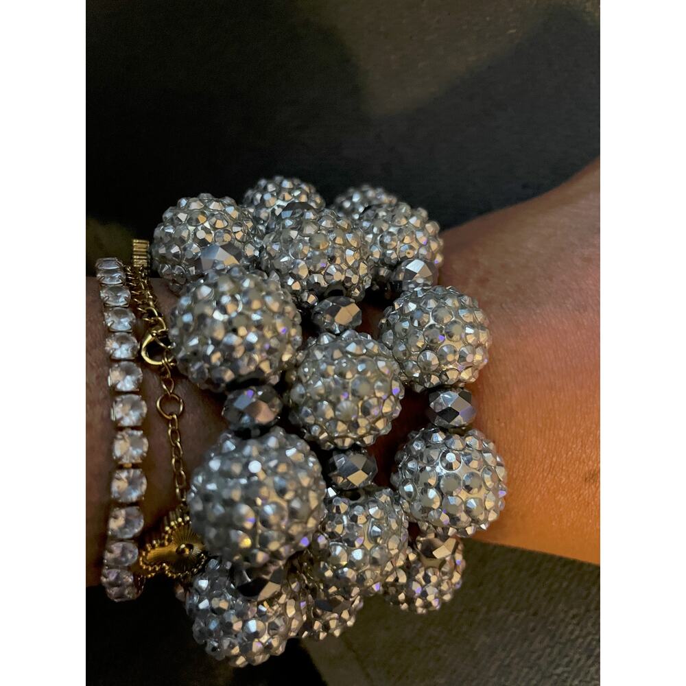 Set of 3 Silver Clear Rhinestone Pave Ball Stretch Bracelets - Picture 2 of 5